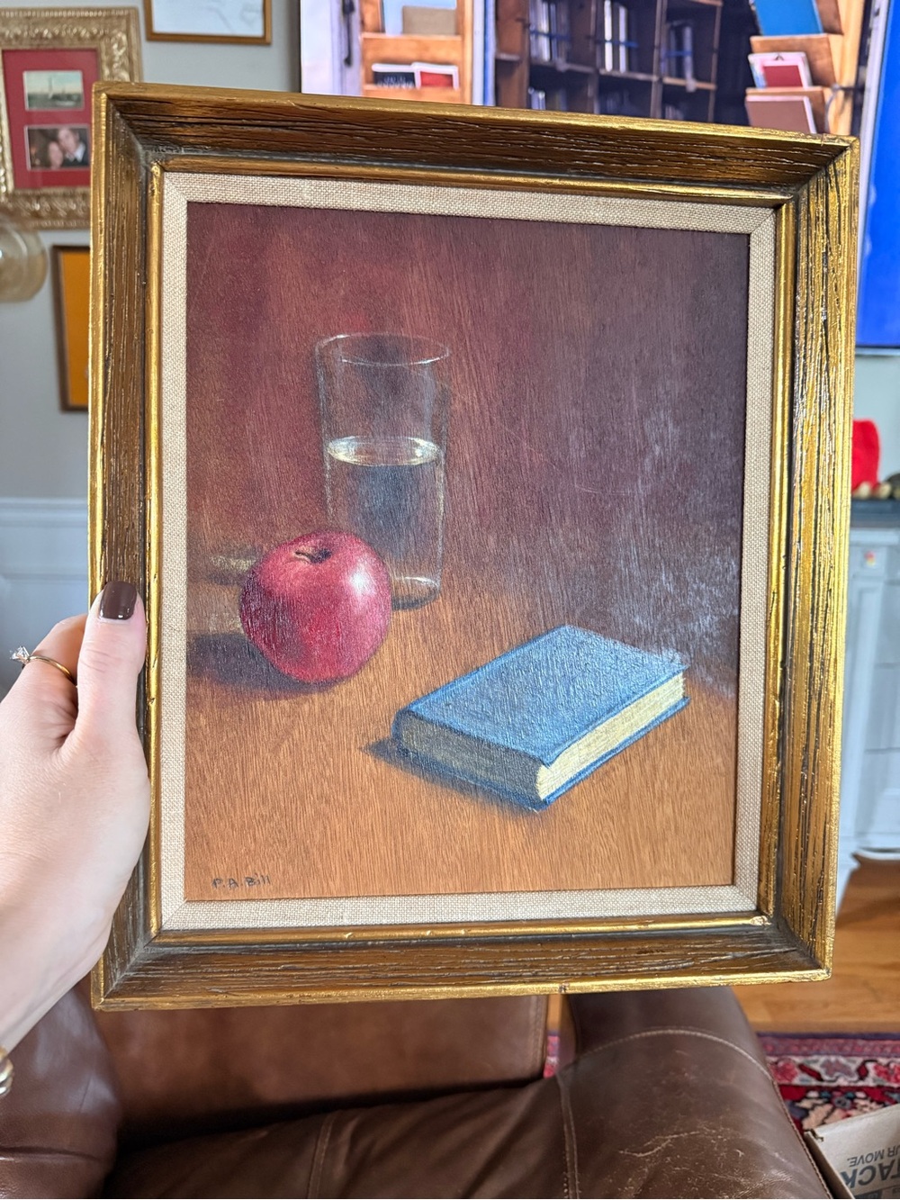 Signed Life Wall Art - Gold Framed Painting with Red Apple and Blue Book